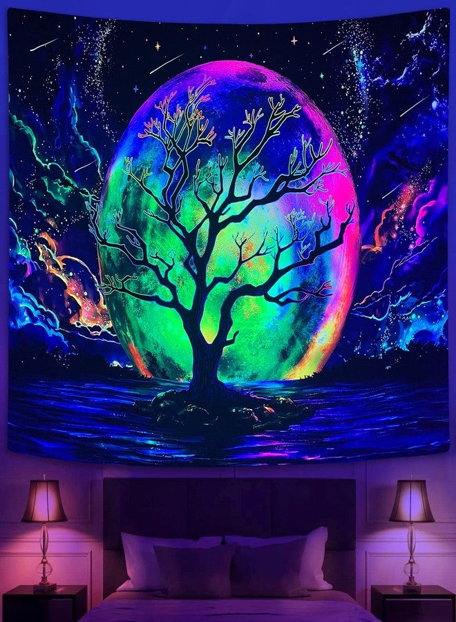 Faxdong Blacklight Moon Tapestry, UV Reactive Tree Lake Colorful Starry Night Galaxy Space Clouds Wall tapestry for Bedroom Decor 36×48 inch - Image 2